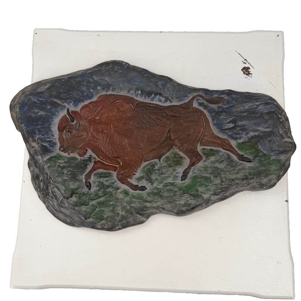 VTG Painted Buffalo Bison Relief Wall Plaque 9x5 Hand Painted Plaster Art Decor